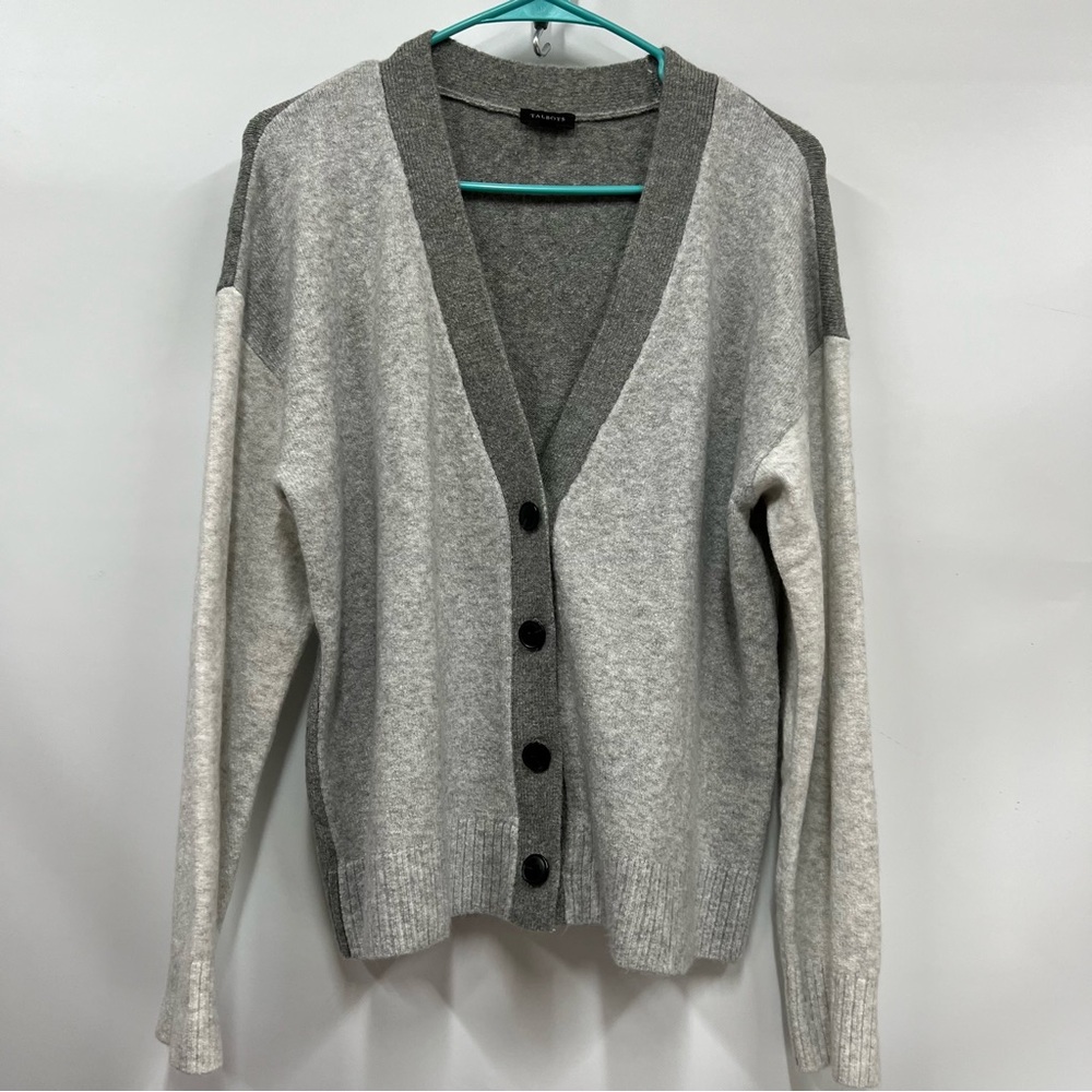Talbots Gray Knit Sweater L v-neck colorblock long sleeve button down cardigan